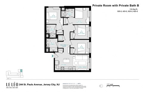 A floor plan of a private room with a private bath.